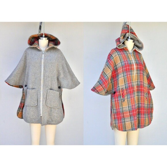 REVERSIBLE Hooded Poncho - Wool Cloak Cape - Woodland - Reversible Cape OS - Picture 2 of 10